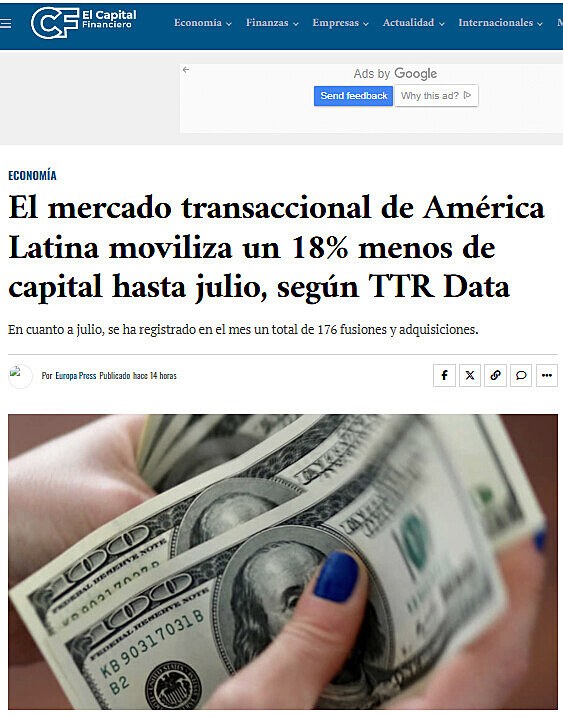 El mercado transaccional de Amrica Latina moviliza un 18% menos de capital hasta julio, segn TTR Data